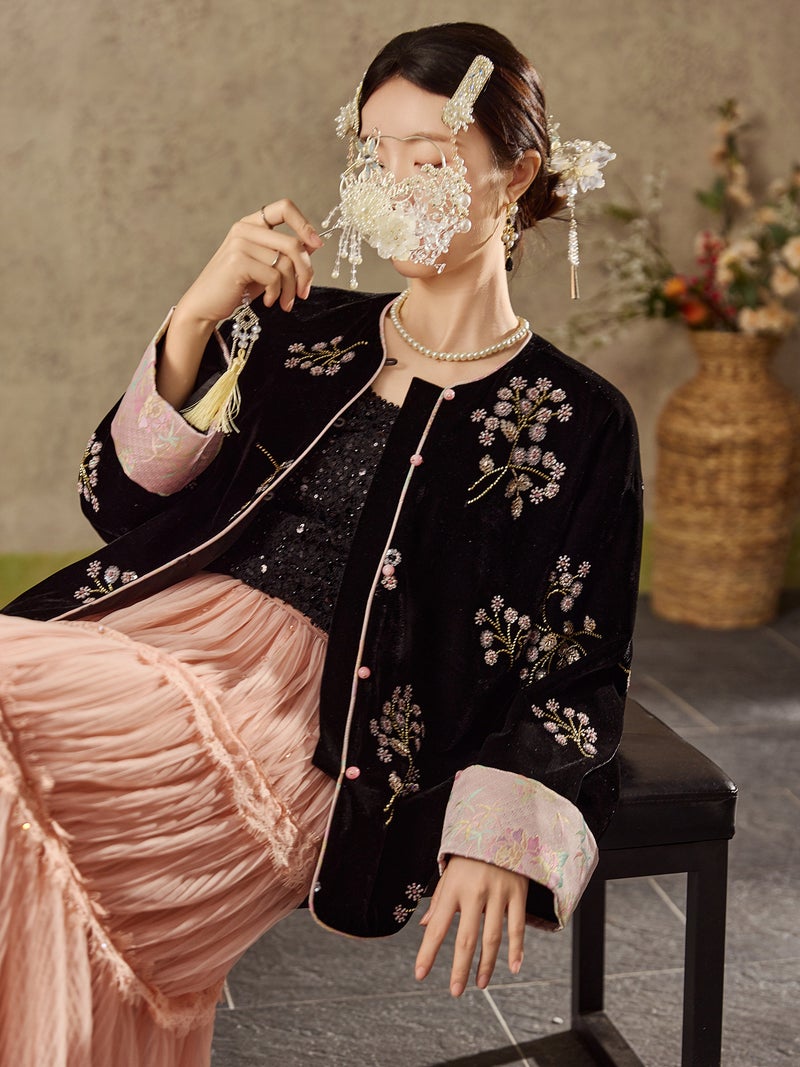 Yailla Versatile Autumn/Winter New Style Chinese Style Cherry Blossom Embroidery High-End Design New Chinese Style Bead Embroidery Light Luxury Rich Noble Coat Cotton Coat Women'S Retro Style Top Niche Design Tang Coat Suit - Image 4
